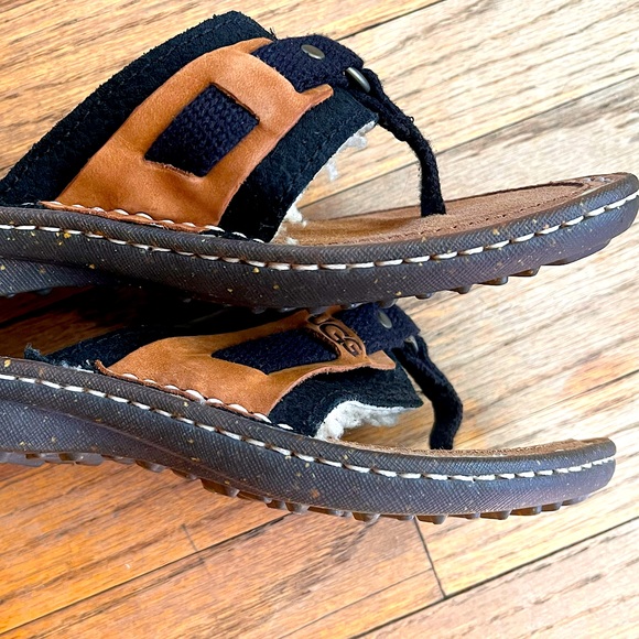NWOT Beautiful Black and Tan Ugg womens sandals leather sheepskin fuzzy size 7 - Picture 7 of 7